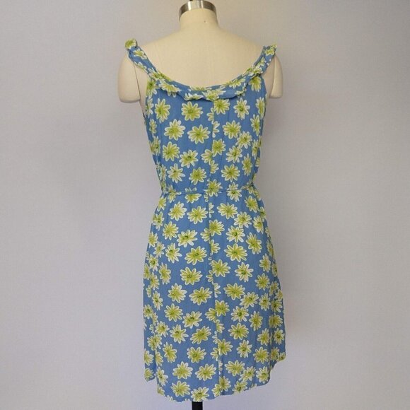 Vintage 90s Floral Print Dress Size S Blue Daisy Ruffle Rayon Grunge 1990s - Picture 6 of 8